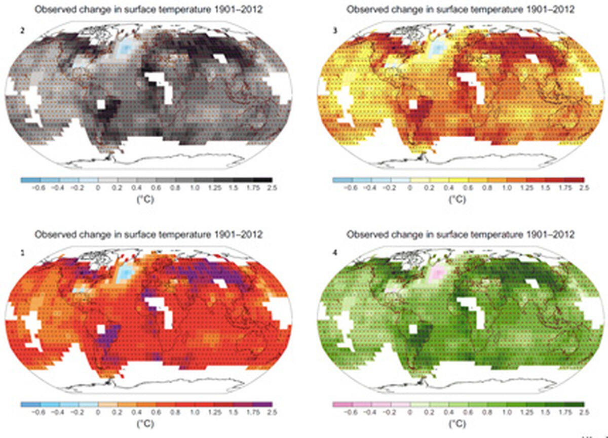Alternative Darstellungen einer Karte des Weltklimarates zur Erderwärmung, Bild: IPCC und Thomas Nocke/Birgit Schneider