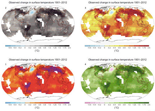 Alternative Darstellungen einer Karte des Weltklimarates zur Erderwärmung, Bild: IPCC und Thomas Nocke/Birgit Schneider